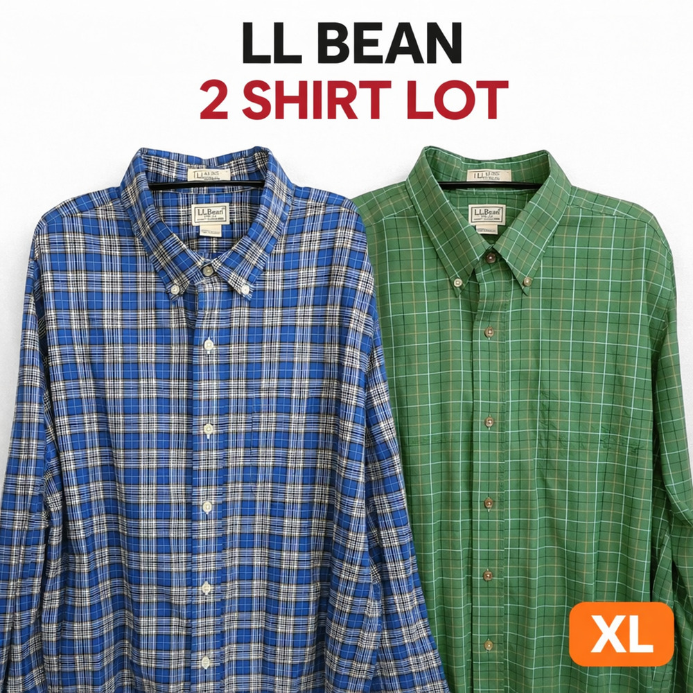 Vtg LL Bean Dress Shirt XXL Blue Green Plaid 100% Cotton Oxford Lot of 2 Work